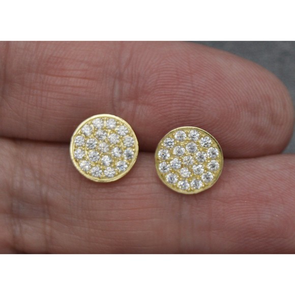 Real 10K Solid Yellow Gold 9.8mm Mens Round Ice Out CZ Stud Earrings 1.5gr - Picture 2 of 5